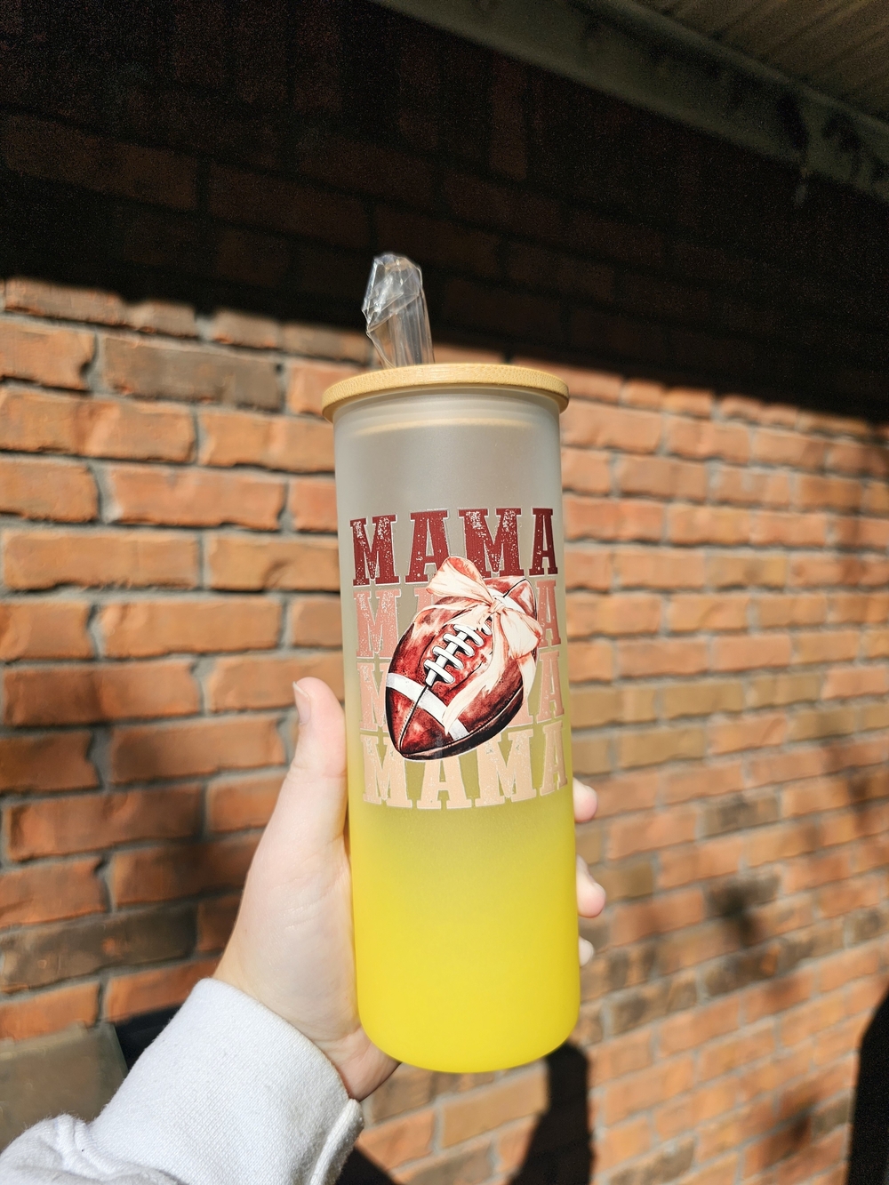 Mama Football Yellow Ombre Travel Tumbler with Straw